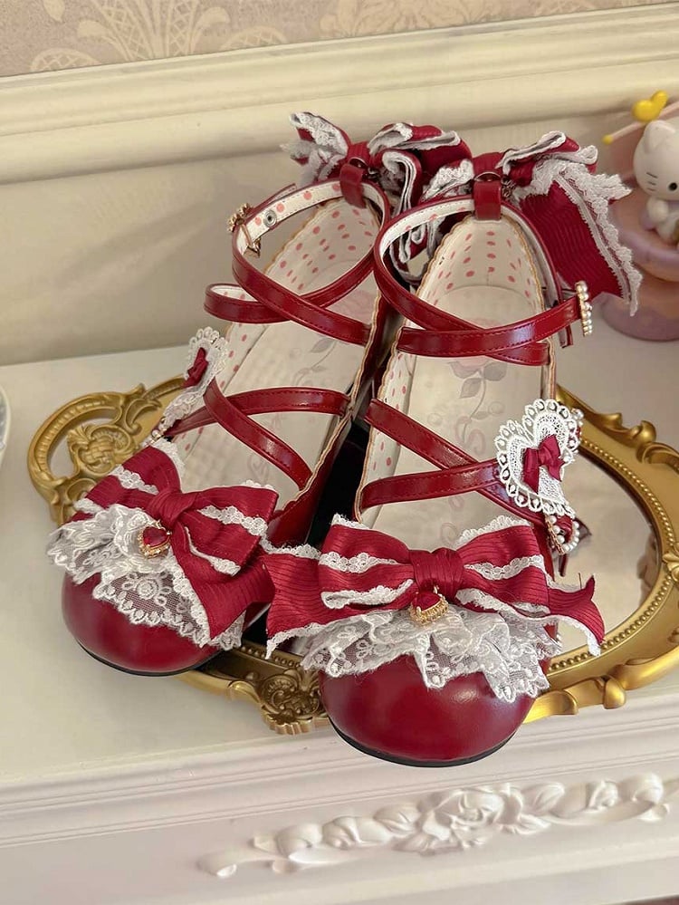 Süße Riemen Kreuzschnalle Rot 2CM/5CM Block Lolita Details Design Schuhe Herz Heels Bowknot