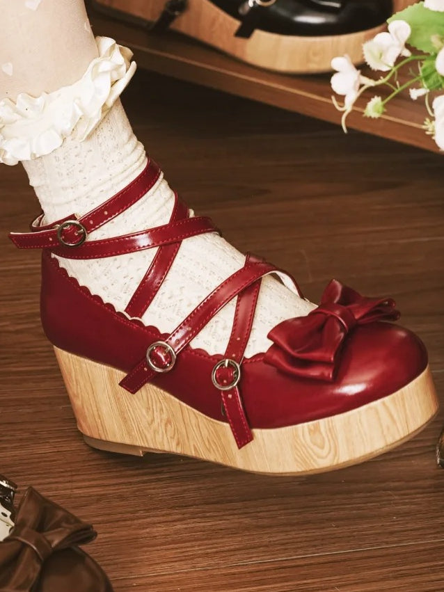 - Design Crisscross Wine Red Wedge at Top Bow Platforms Sweet