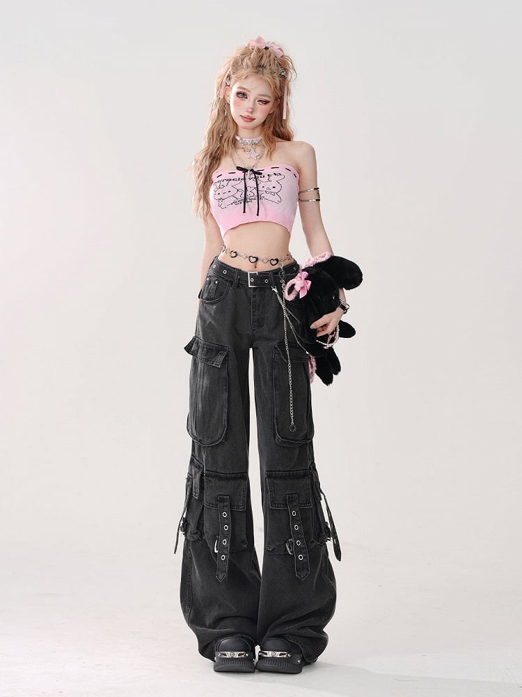 Print Pink Tube Top Gyaru Bow in Tie Bunny Style Front with Crop -