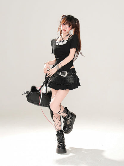 フェイクツーピースネックライン、カーブヘム、ブラックオフショルダーグラマラスTシャツ