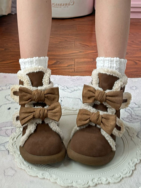 Brown Boots Loop Sweet Lolita Detachable Sole Fastener Platform Accents - and Dark 3cm Hook Bow
