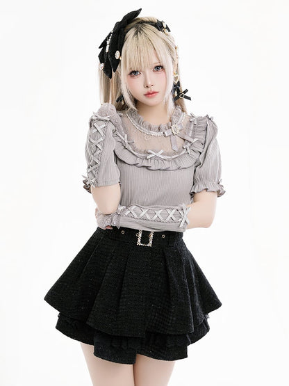 Jirai Kei Gray Blouse with Bowknot and Bead Decor, Illusion Neckline, Free Armwear - Fluffy Heart