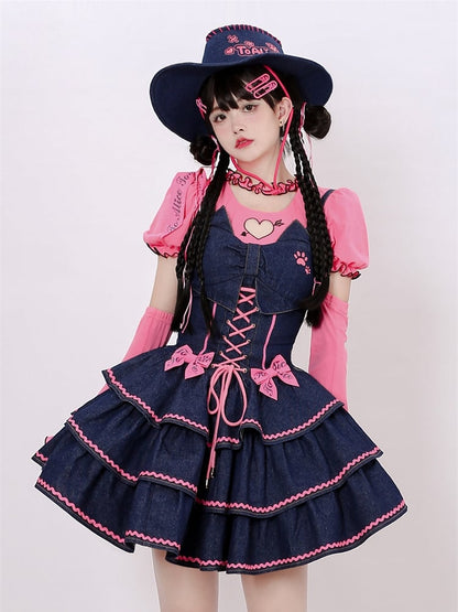 Navy Blue Lace-up Detail Sweet Bow Accents Tiered Skirt Denim Slip Dress