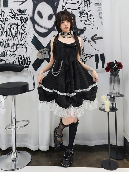 Rock Cami Kleid Big Bow Ausschnitt Schwarz mit gestreifter Taille Abnehmbare Kette Blase