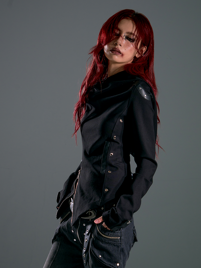 Zip Accents with Grommet Jacket Wasteland Two-Way Hoodie Stud Placket Punk Black Asymmetrical
