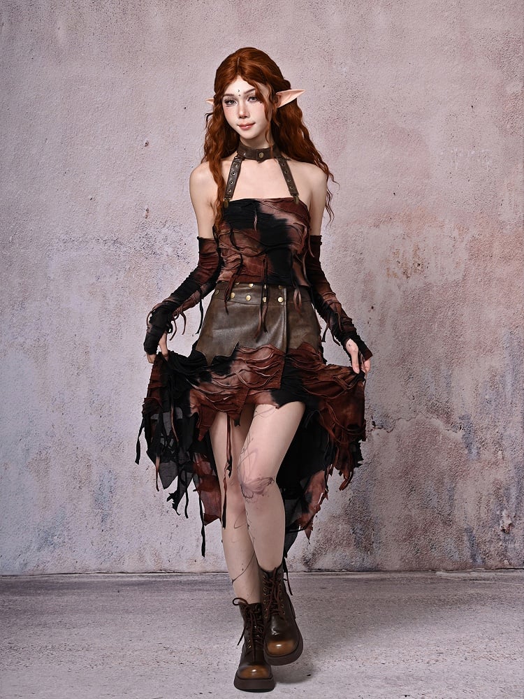 Wine Brown PU Hem Skirt with Handkerchief Red and Punk Black Wasteland Tie-Dye