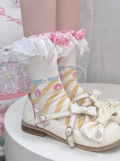 ピンク＆イエローのスイートロリータリボン結びストライプカーフソックス（白袖口付き）