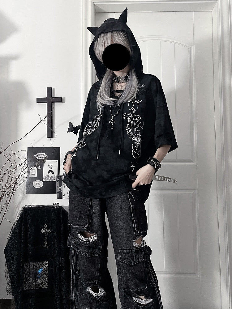 Devil Sleeve Gothic BlackGray Print Hoodiewith Horn HoodCross Short Tie-Dye
