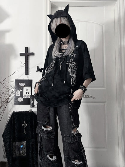 Devil Sleeve Gothic BlackGray Print Hoodiewith Horn HoodCross Short Tie-Dye