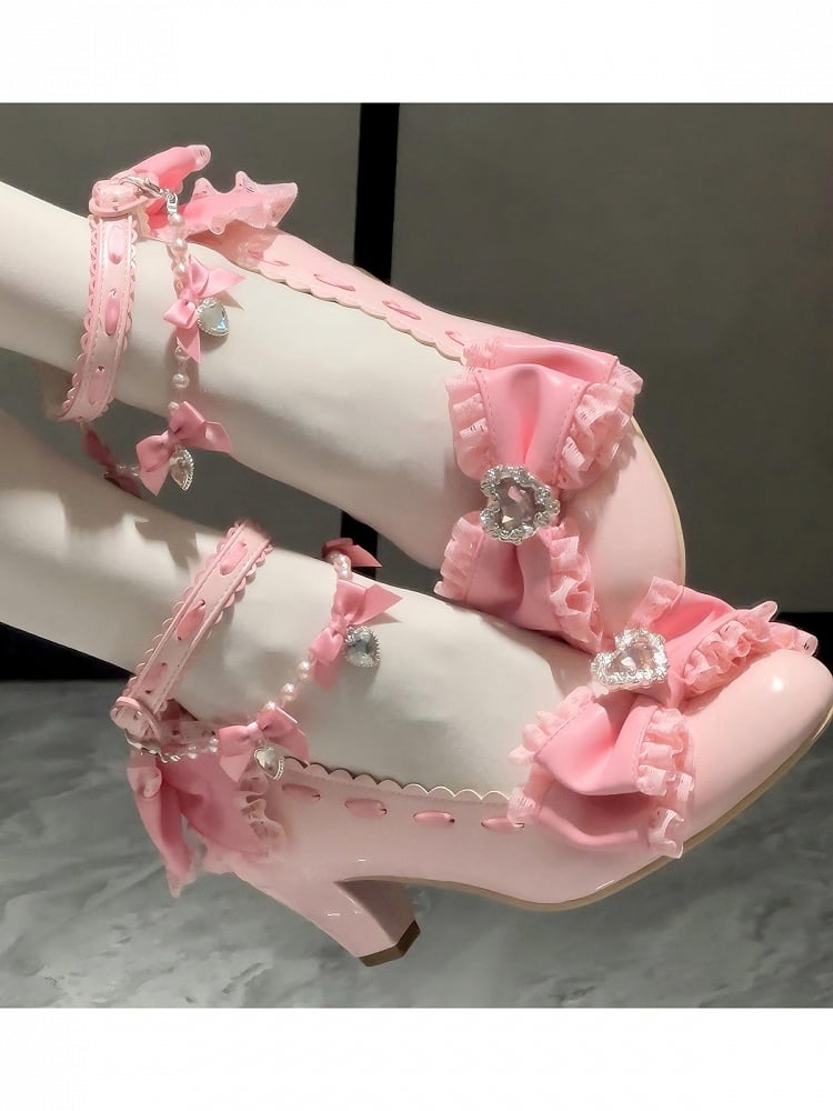 Pink Crystal-Trimmed Mid Heel Shoes with Bowknot & Pearl Chain - Pastry Chef Lolita