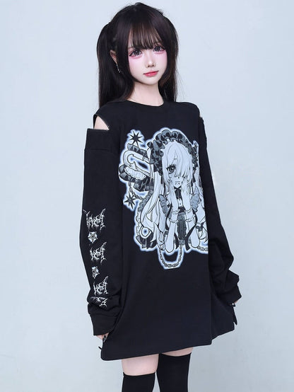 T-Shirt Jirai Kei Zipper Cartoon Shoulder Cutout Design Gray Print Long-Sleeve with Girl Black