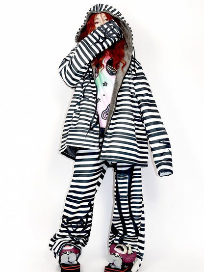 Hoodie Oversized Gyaru Schwarz-Weiß Muster Mode Reißverschluss Gestreifter Verschluss