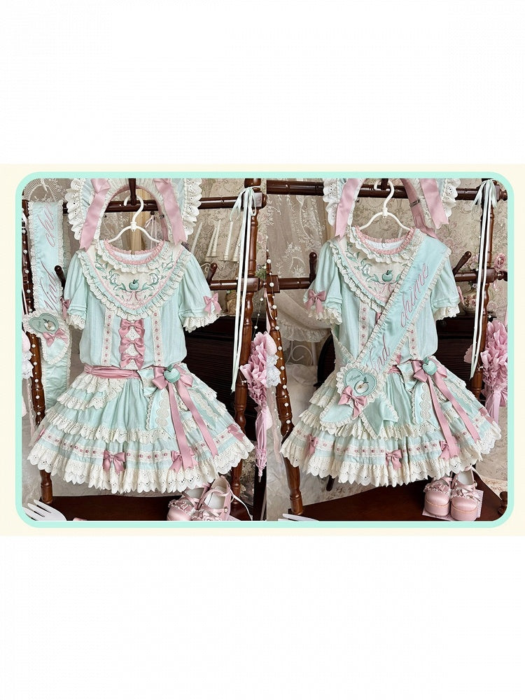 Mint Green Round Neck Short Sleeve Layered Ruffle Lolita OP with Apple Embroidery - Yinying Lolita