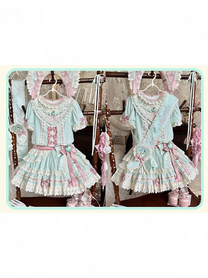 Mint Green Round Neck Short Sleeve Layered Ruffle Lolita OP with Apple Embroidery - Yinying Lolita