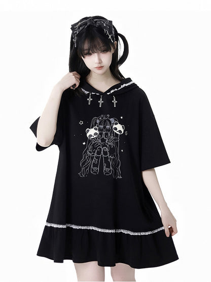 Girl Print Cross Dress Bittersweet Lace Contrast Hooded Trim Black Charms