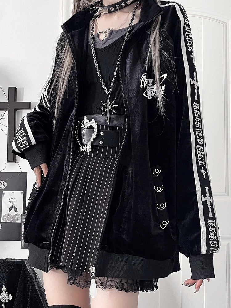 Tape Sleeve Tracksuit Gothic Cross Velvet Print TextBack Jacketwith Black