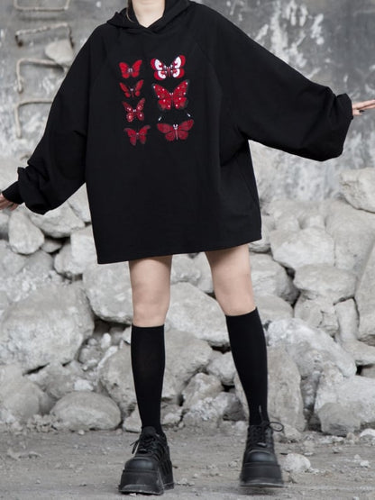 Flock Butterfly Dark Embroidery with Loose Delicate Romance Gothic Red Hoodie Black