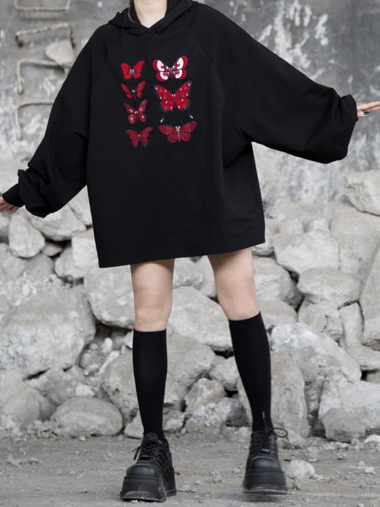Flock Butterfly Dark Embroidery with Loose Delicate Romance Gothic Red Hoodie Black