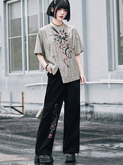 Black Totem Print Straight-Leg Pants with Drawstring Cuffs - Quirky Hut