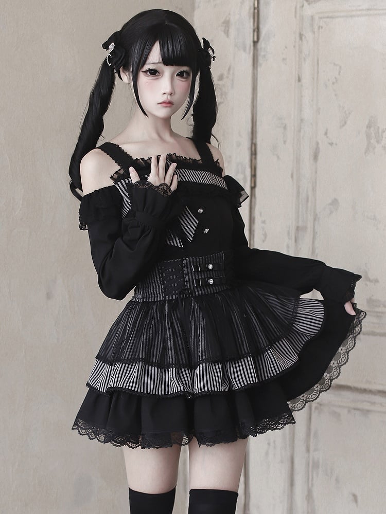 High-Waist / Kei Black Skirt Sweet Jirai Dark Striped Tiered Top Off-Shoulder