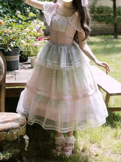 Oil Sleeves One Painting Water Lily Print Light Piece Pink Square Neckline and Flutter