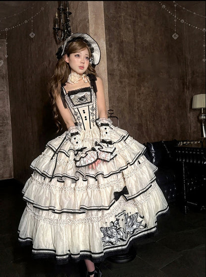Swan-Embroidered Ruffled JSK Dress in Beige & Black - U.Rtto