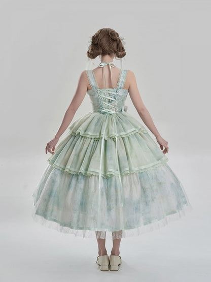Painting and with JSK Hem Embroidery Dress Lolita Green Detail Print Tiered Oil