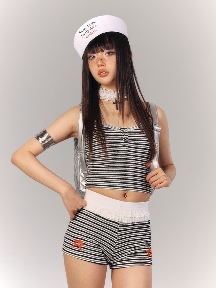 Black Shorts Ruffled Waist Embroidery Striped Red Star White with