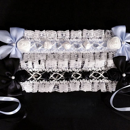 Lace Details with Bow Trim Hairband Studs Black/Lightblue Rose