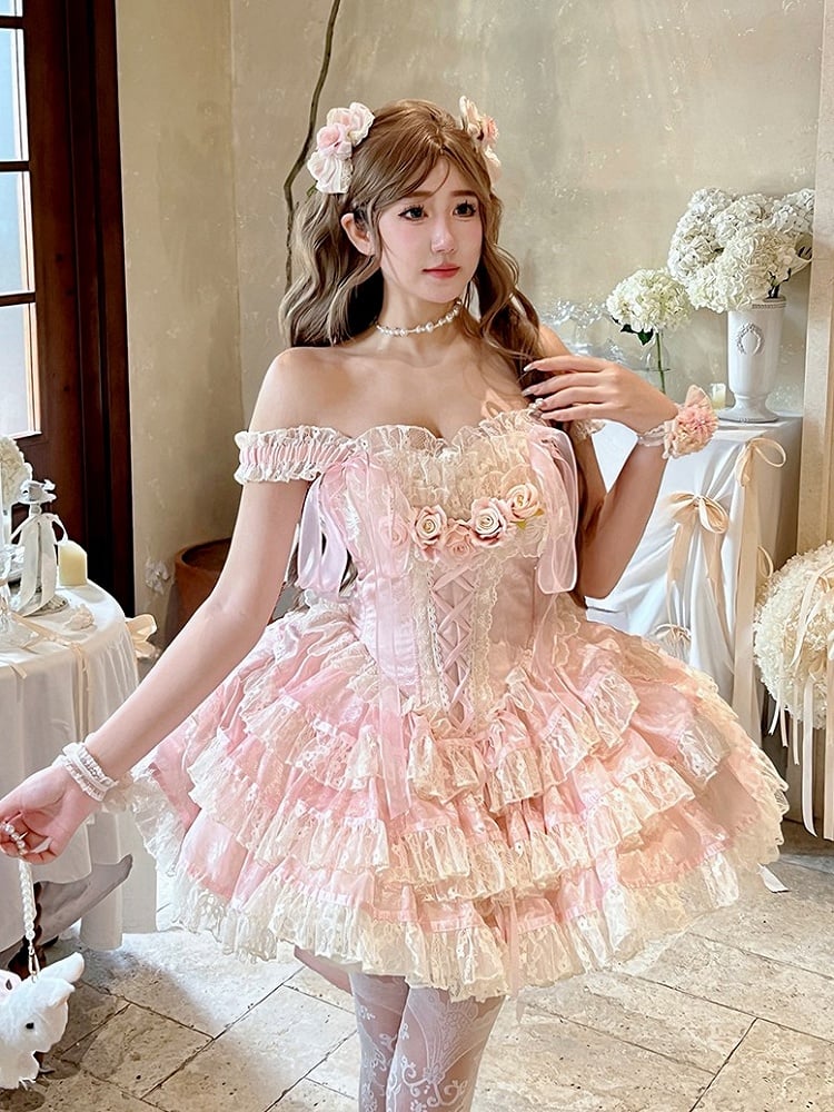 Rose Layered Lace Balletcore Accents Pink Beige Dress with