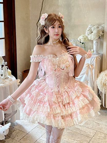 Rose Layered Lace Balletcore Accents Pink Beige Dress with