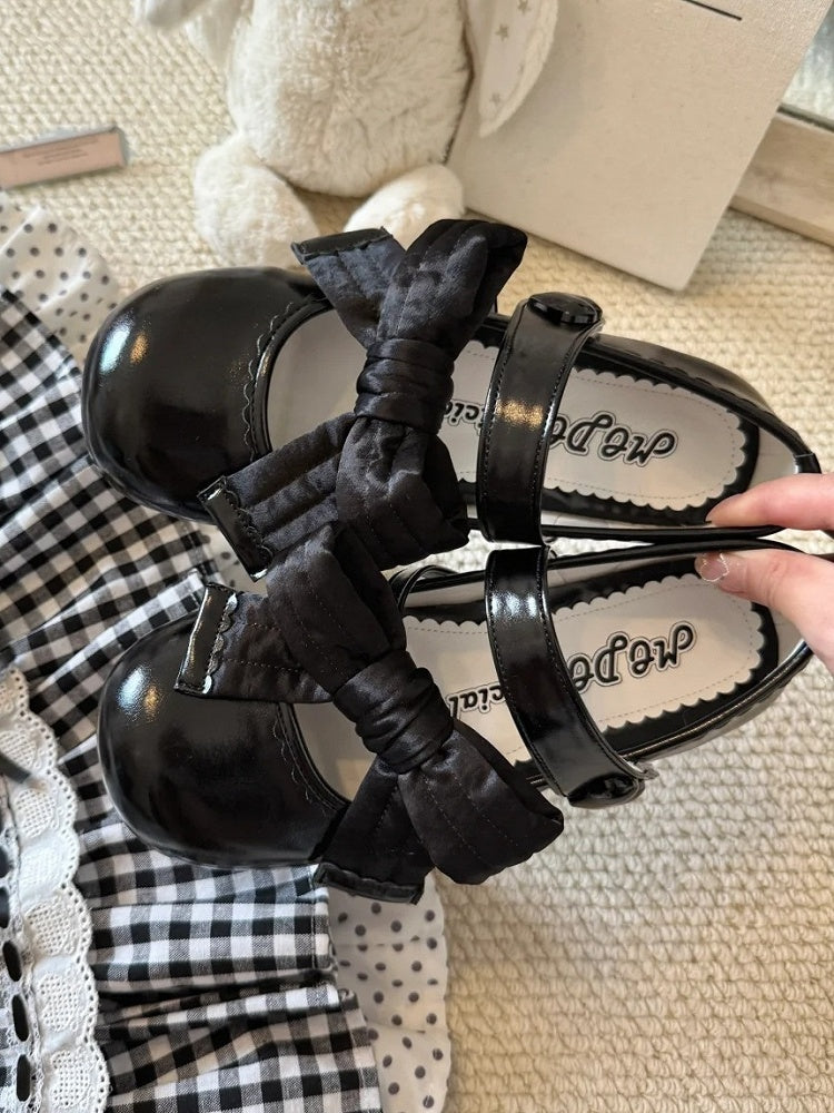 Closure Shoes Lolita PU Black Velcro Leather Bow Flat Accent Heart Sweet Strap in Decor