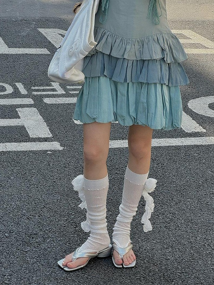 Stirrup Lace Bead Details Flower Leg White Warmers