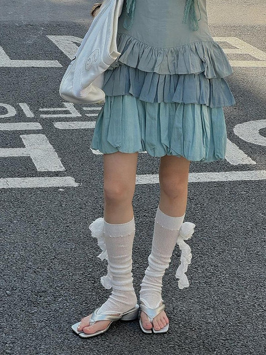 Stirrup Lace Bead Details Flower Leg White Warmers