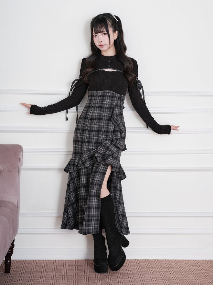 Black Jirai-Kei Faux Two-Piece Plaid Knit Long-Sleeve Dress, Ruffles & Hem Slit - No Genki