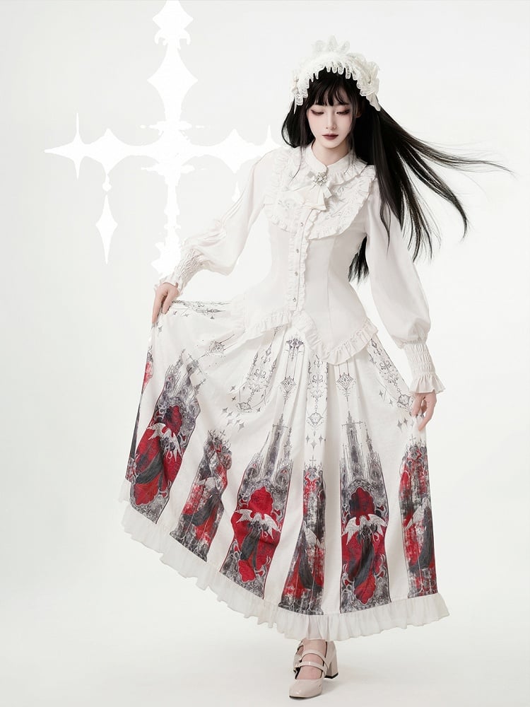Print Ruffled Red and White Skirt Pleat Box Angel Castle with Hem Gothic