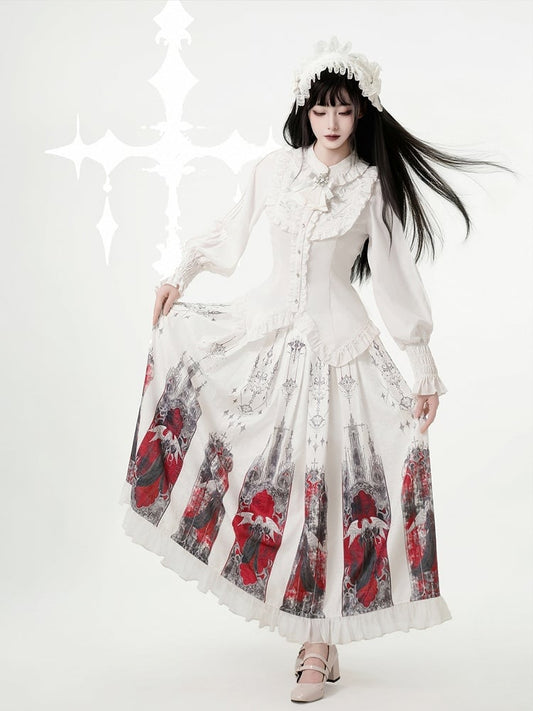 Print Ruffled Red and White Skirt Pleat Box Angel Castle with Hem Gothic