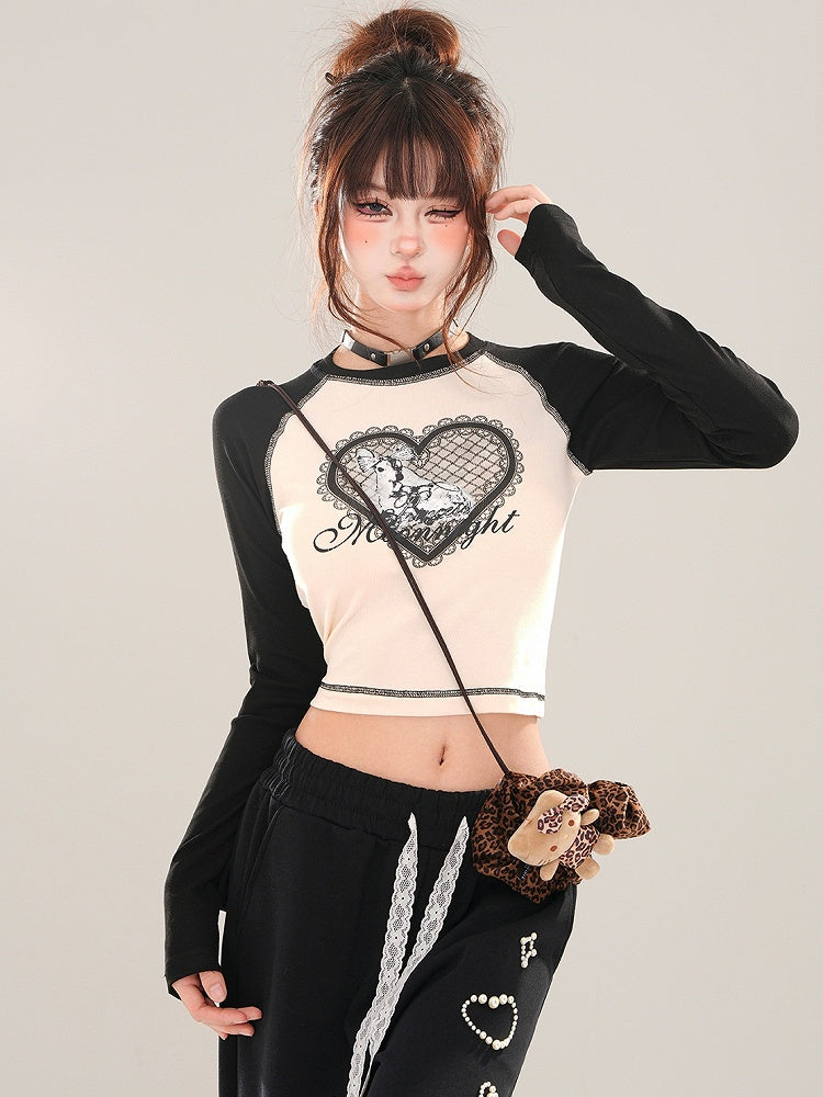 Black/Grey Heart Print Colorblock Close-fit T-shirt