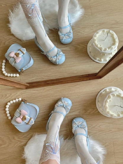 ヒール 2.2CM/4.3CM ジェーンズ メアリー トゥトリム ブルー ラウンドアクセント ノットレース ボウ