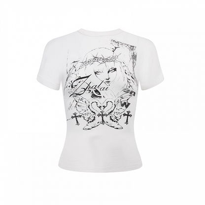 Slim-fitting Y2K Print Lace-up Back White/Black T-shirt