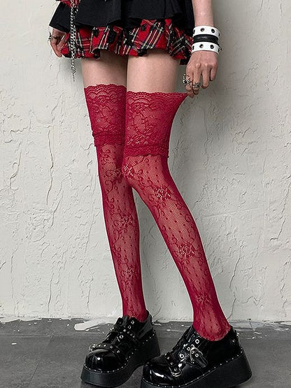 Y2K Floral Overknee Pattern Gyaru Trim Fashion Win Lace Red Stockings