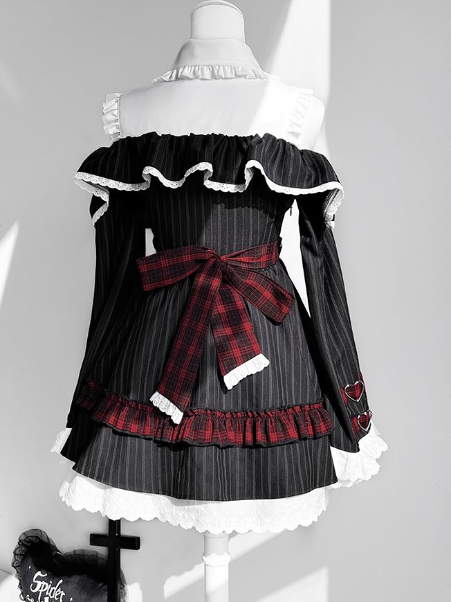 Kleid Bell Plaid Tie Idol und Schulterausschnitt Lolita Schwarz Bowknot Streifen Rot mit Ärmeln