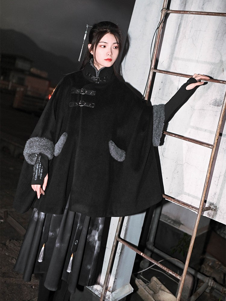 + PU Collar Cheongsam Cape Black Gothic with Coat Buckles Faux Cuffs Regular/Thicken Fur
