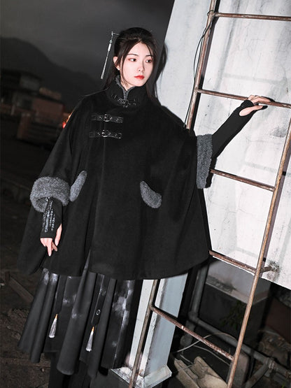 + PU Collar Cheongsam Cape Black Gothic with Coat Buckles Faux Cuffs Regular/Thicken Fur