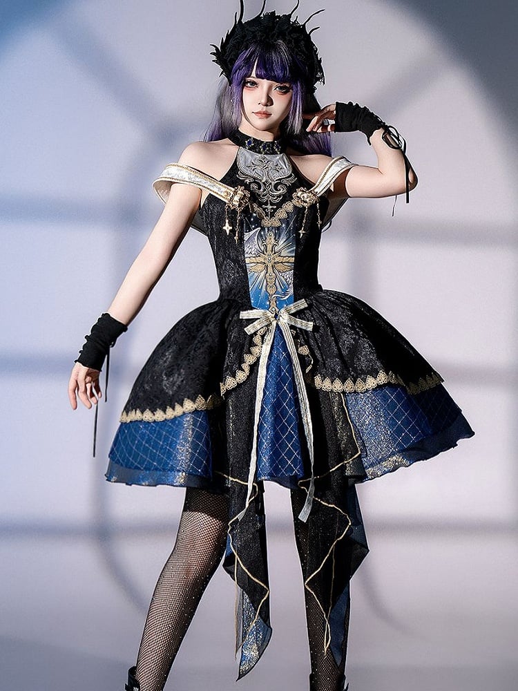 Skirt Cascading Front Design Ruffles Jumper Off-shoulder and Gothic Cross Neck Mock Print