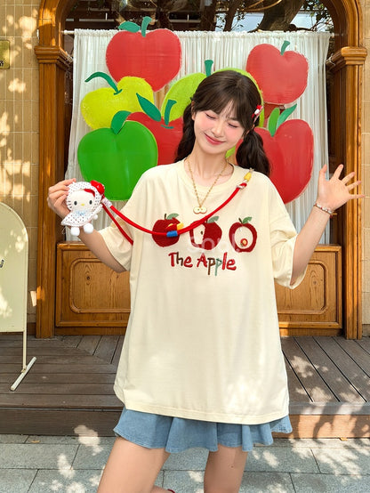 T-Shirt Apricot/Schwarz Rundhals Apfel Stickerei Locker