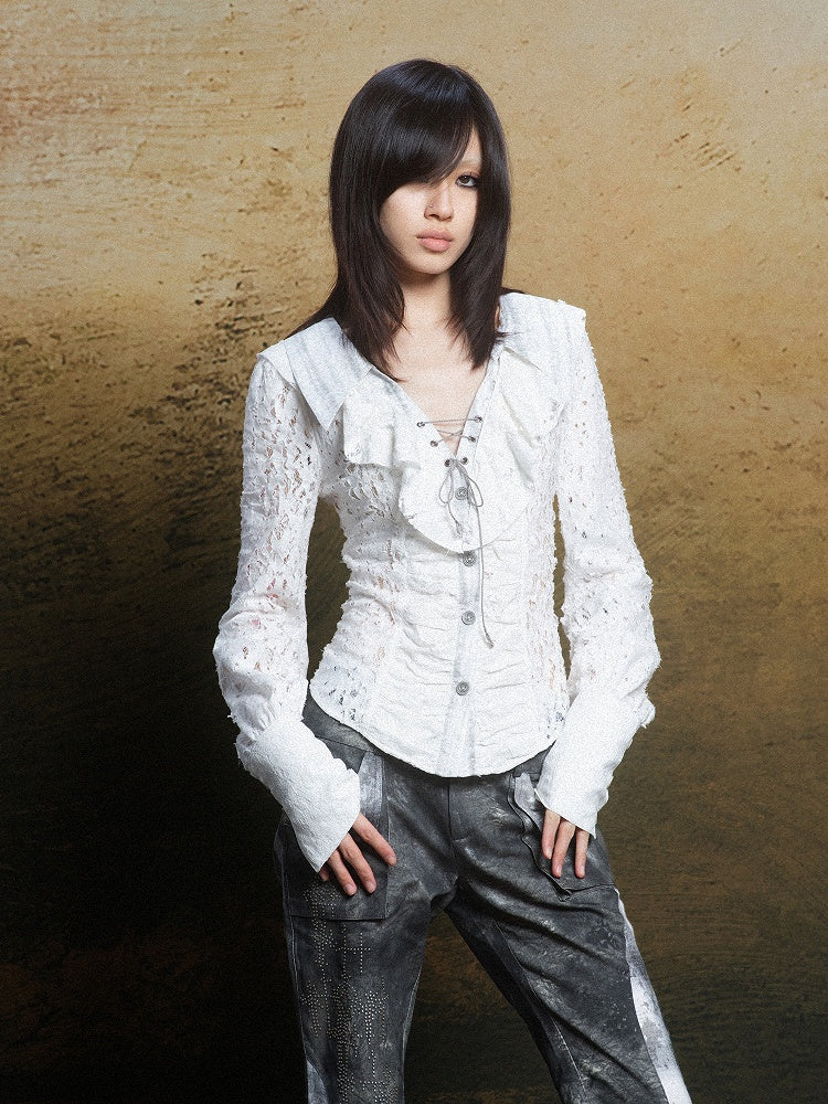 Blouse with Layered Lace-Up Detail Vintage Punk Collar White