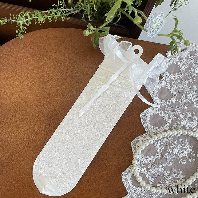 Underknee Trim Stockings Yellow/White Bowknot Lace Hollow-out Details Black/Light