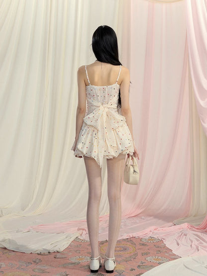 Bow Bubble Polka-Dot Pattern Cami Dress Mini Back Apricot Self-tie Skirt
