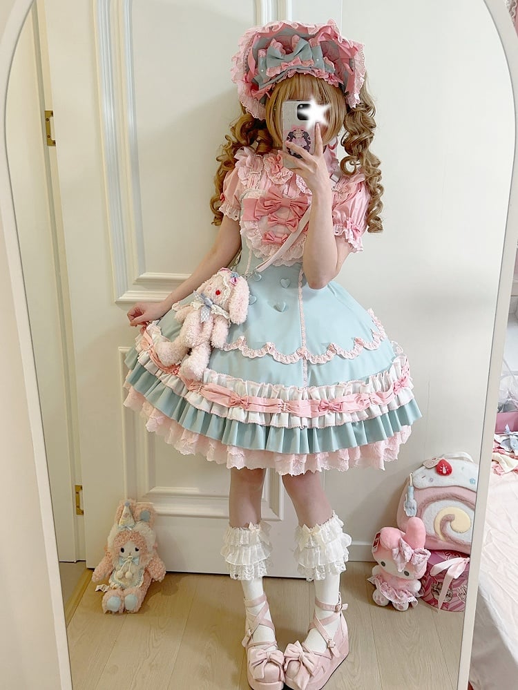 and Hemline Old Pink Decorated Sweet Layered Green Ruffle Bows